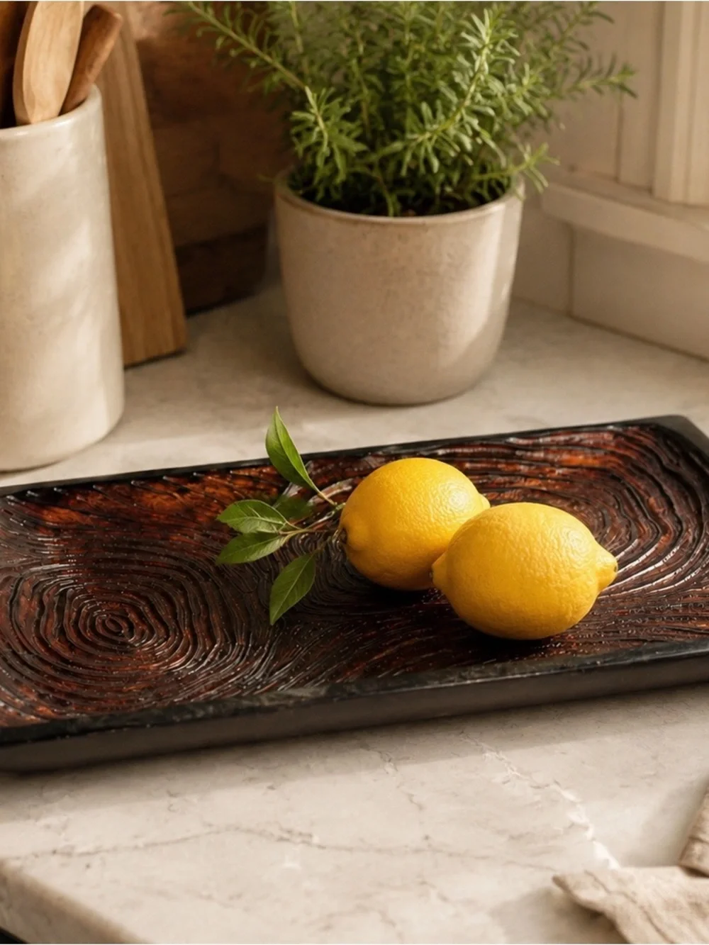 Hand Carved Philippine Wood Tray JY Abstract Tree Ring Design 18” x 11”